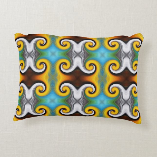 Trendy retro pattern in yellow, blue, brown, white decorative cushion (Back)