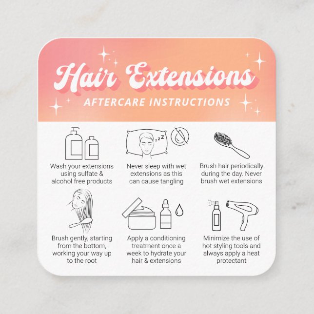 Trendy Retro Peach Logo Hair Extensions Aftercare Square Business Card (Back)