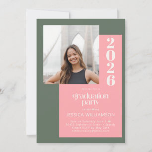 Trendy Retro Pink Green Photo Graduation Party Invitation