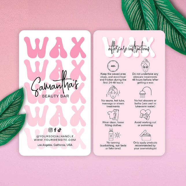 Trendy Retro Pink Modern Salon Waxing Aftercare Business Card (Stand out and impress with these trendy pink aesthetic hair waxing aftercare instructions cards)