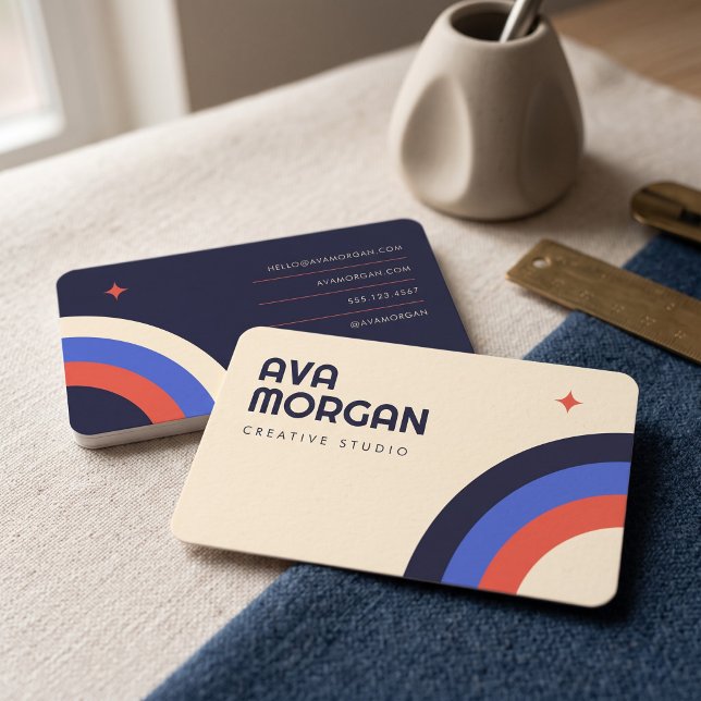 Trendy Retro Rainbow Business Card (Simulated business cards on table)
