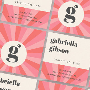 Trendy retro sunburst minimal monogram pink cream square business card