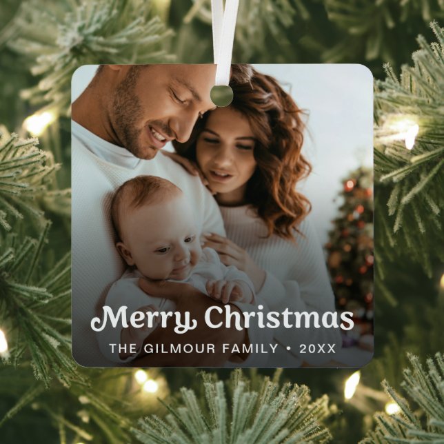 Trendy Retro Typography Family Photo Christmas Metal Tree Decoration (Insitu)