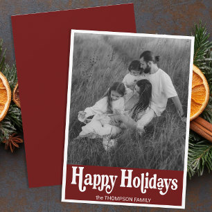 Trendy Retro Typography Red Photo Happy Holiday Card