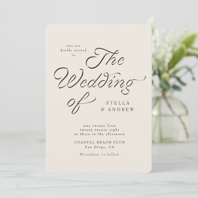 Trendy Ribbon Elegant Script Wedding Invitation (Standing Front)