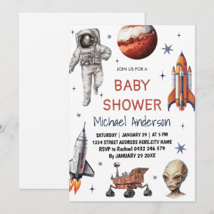 Trendy  Rocket Ship Space Galaxy Alien Baby Shower Invitation