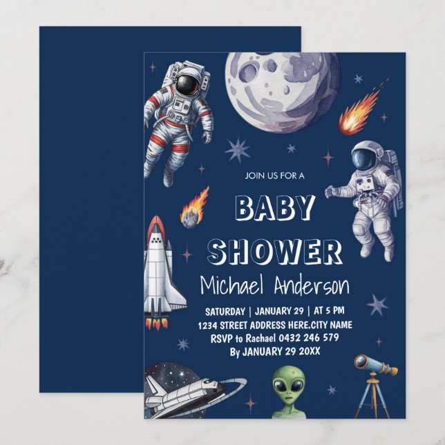 Trendy  Rocket Ship Space Galaxy Alien Baby Shower Invitation (Front/Back)