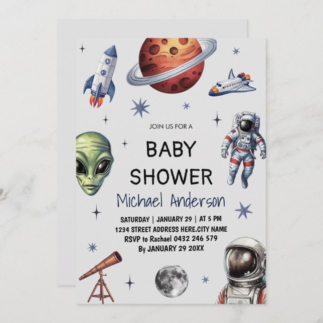 Trendy  Rocket Ship Space Galaxy Alien Baby Shower Invitation (Front/Back)