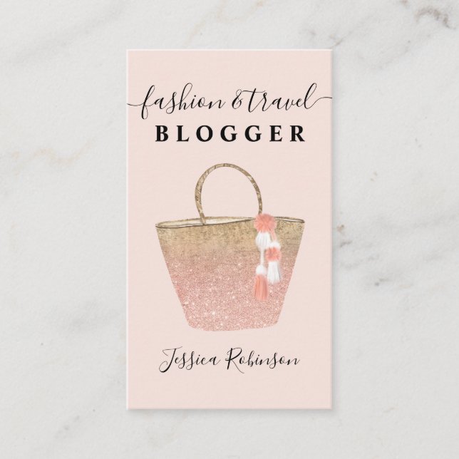 Trendy rose glitter bag script fashion blogger business card (Front)
