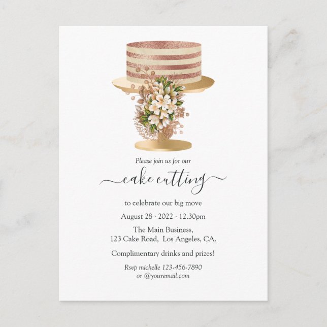 Trendy Rose Gold and Gold Floral Cake Cutting Invitation Postcard (Front)