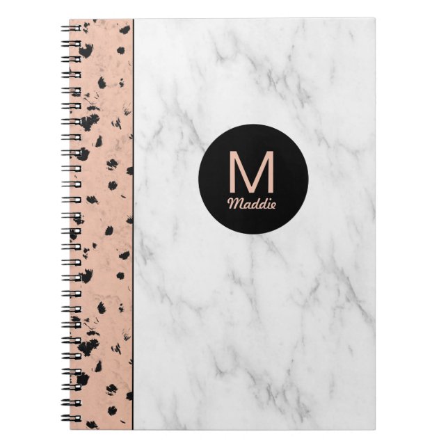 Trendy Rose Gold and Marble with Monogram Spiral Notebook (Front)