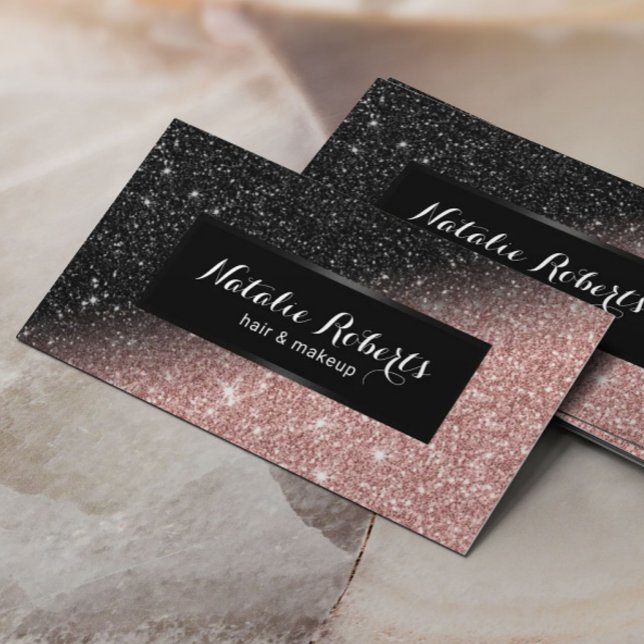 Trendy Rose Gold & Black Glitter Beauty Salon Business Card (Creator Uploaded)