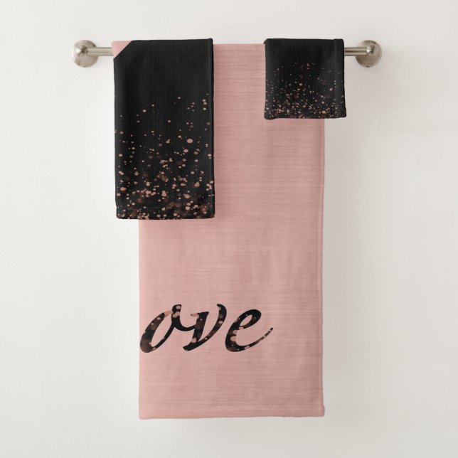 Trendy Rose Gold Black Glitter Love Bath Towel Set (Insitu)
