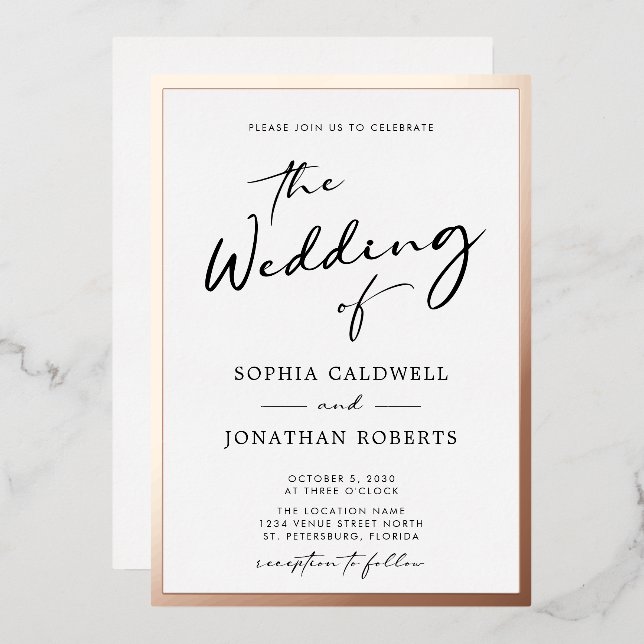 Trendy Rose Gold Calligraphy Script Wedding (Front/Back)