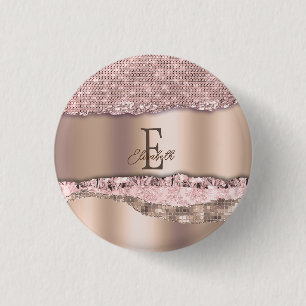 Trendy Rose Gold Diamonds Glitter Monogram 3 Cm Round Badge