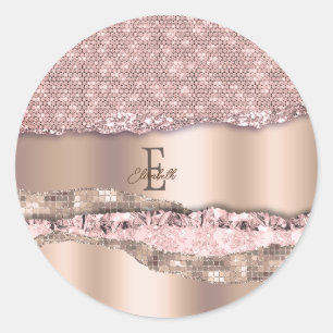 Trendy Rose Gold Diamonds Glitter Monogram Classic Round Sticker