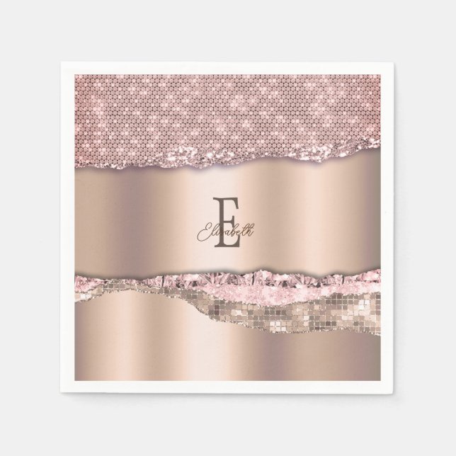 Trendy Rose Gold Diamonds Glitter Monogram Napkin (Front)