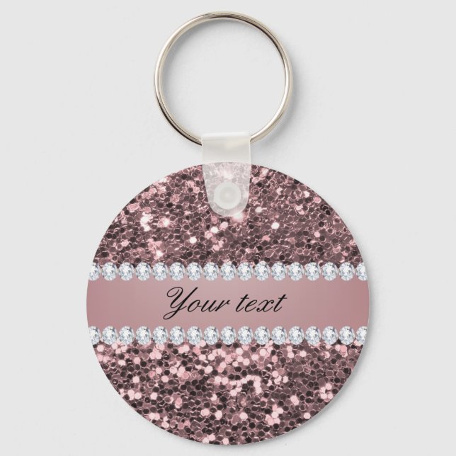 Trendy Rose Gold Faux Glitter and Diamonds Key Ring (Front)