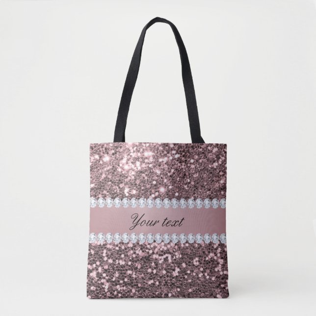 Trendy Rose Gold Faux Glitter and Diamonds Tote Bag (Front)