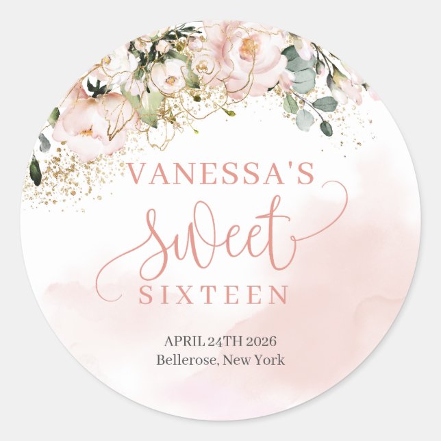 Trendy rose gold floral gold sparkle sweet sixteen classic round sticker (Front)