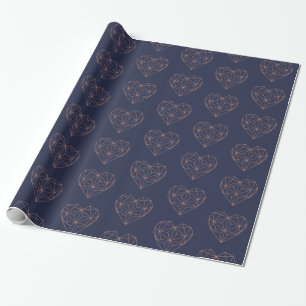 Trendy Rose Gold Foil Geometric Heart Navy Blue Wrapping Paper