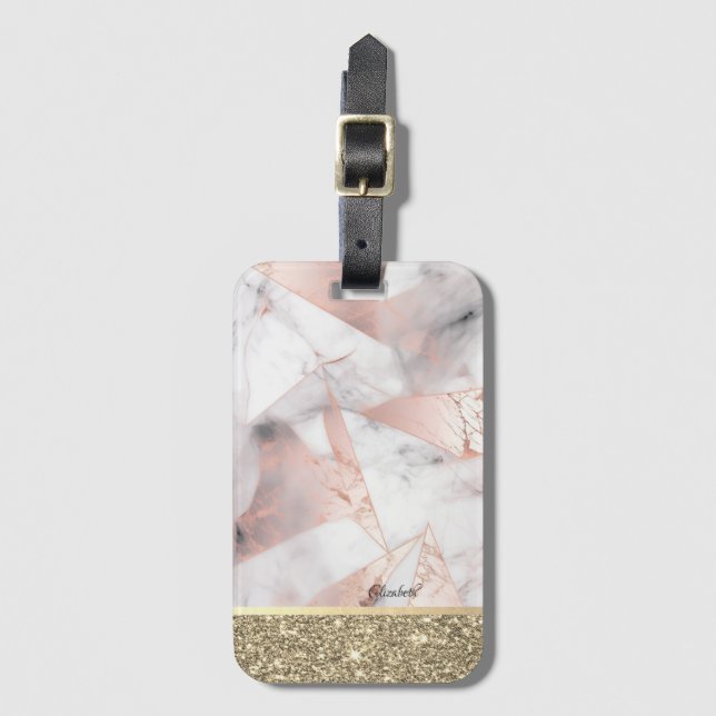 Trendy Rose Gold Geometric Marble Luggage Tag (Front Vertical)