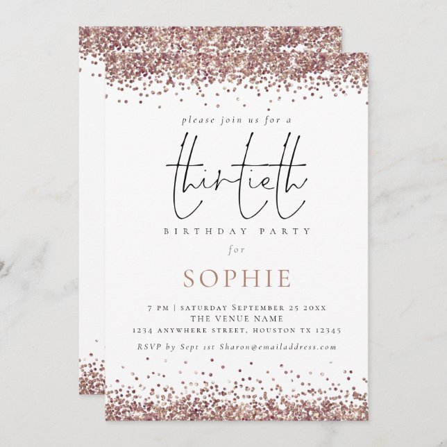 Trendy Rose Gold Glitter 30th Birthday Party Invitation (Front/Back)