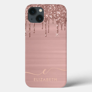 Trendy Rose Gold Glitter Drip Custom Name iPhone 13 Case