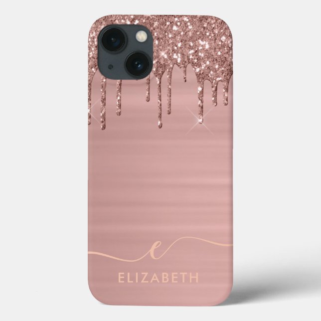 Trendy Rose Gold Glitter Drip Custom Name  Case-Mate iPhone Case (Back)