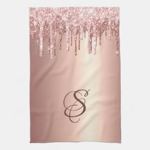 Trendy Rose Gold Glitter Drips Graphic Monogram Tea Towel