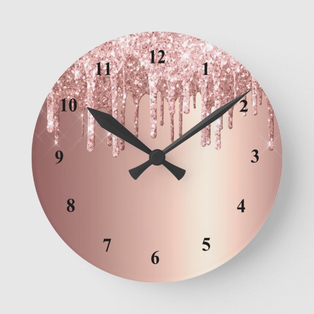 Trendy Rose Gold Glitter Drips Graphic Round Clock (Front)