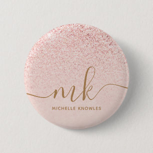 Trendy Rose Gold Glitter Fancy Initials and Name 6 Cm Round Badge