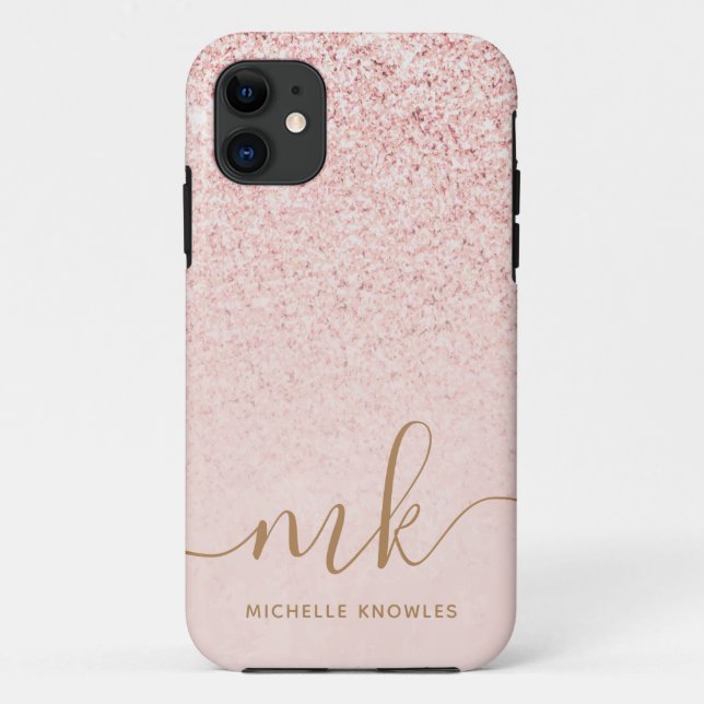 Trendy Rose Gold Glitter Fancy Initials and Name Case-Mate iPhone Case (Back)