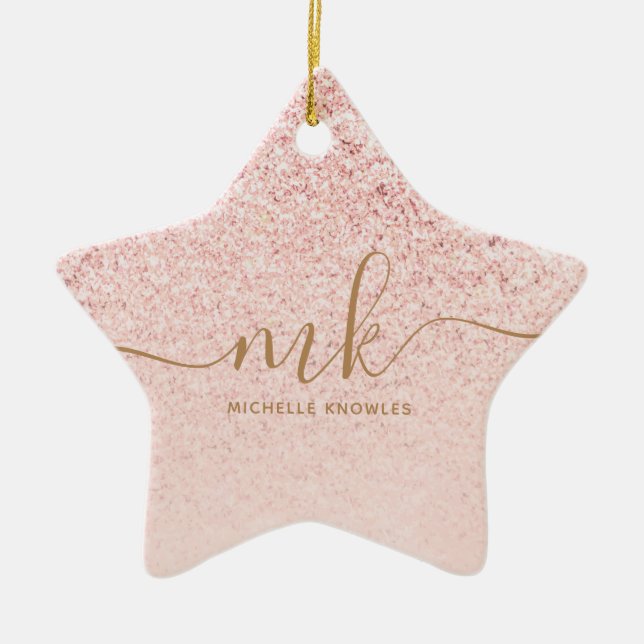 Trendy Rose Gold Glitter Fancy Initials and Name  Ceramic Tree Decoration (Front)