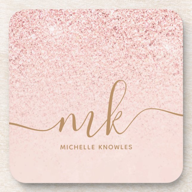 Trendy Rose Gold Glitter Fancy Initials and Name Coaster (Front)