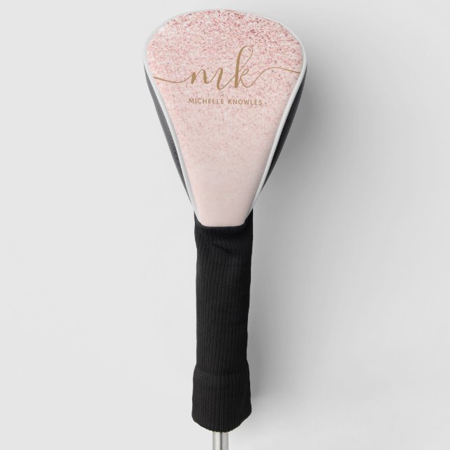 Trendy Rose Gold Glitter Fancy Initials and Name Golf Head Cover (Front)