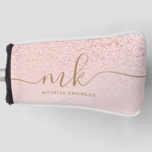 Trendy Rose Gold Glitter Fancy Initials and Name Golf Head Cover (Front)