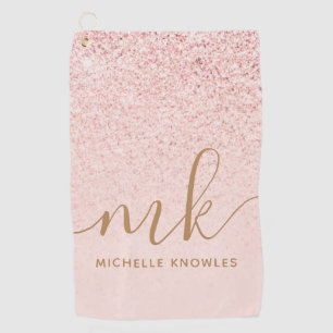 Trendy Rose Gold Glitter Fancy Initials and Name Golf Towel