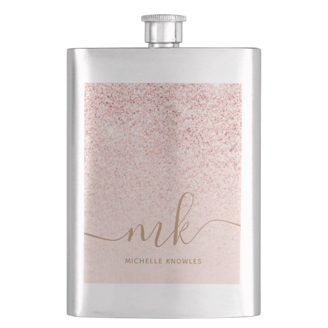 Trendy Rose Gold Glitter Fancy Initials and Name Hip Flask (Front)
