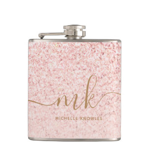 Trendy Rose Gold Glitter Fancy Initials and Name Hip Flask