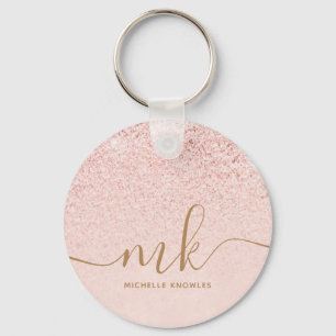 Trendy Rose Gold Glitter Fancy Initials and Name Key Ring
