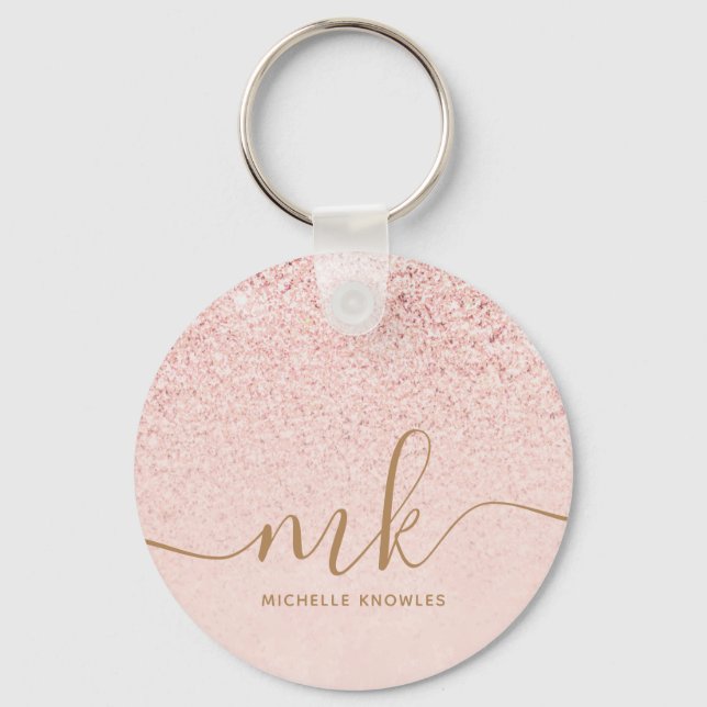 Trendy Rose Gold Glitter Fancy Initials and Name Key Ring (Front)