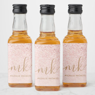 Trendy Rose Gold Glitter Fancy Initials and Name Liquor Bottle Label