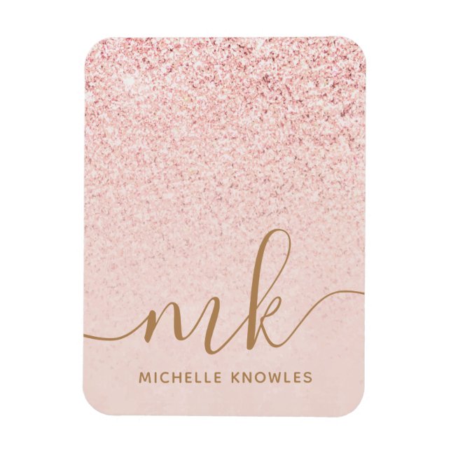 Trendy Rose Gold Glitter Fancy Initials and Name Magnet (Vertical)