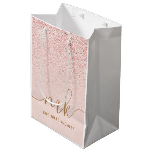 Trendy Rose Gold Glitter Fancy Initials and Name Medium Gift Bag