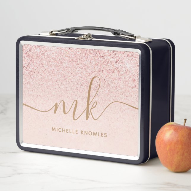 Trendy Rose Gold Glitter Fancy Initials and Name Metal Lunch Box (In Situ)