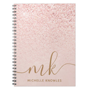 Trendy Rose Gold Glitter Fancy Initials and Name Notebook