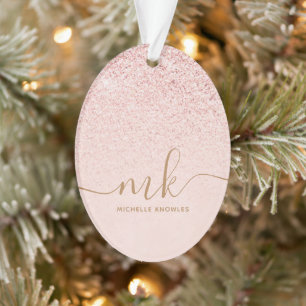 Trendy Rose Gold Glitter Fancy Initials and Name  Ornament