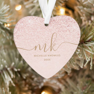 Trendy Rose Gold Glitter Fancy Initials and Name Ornament
