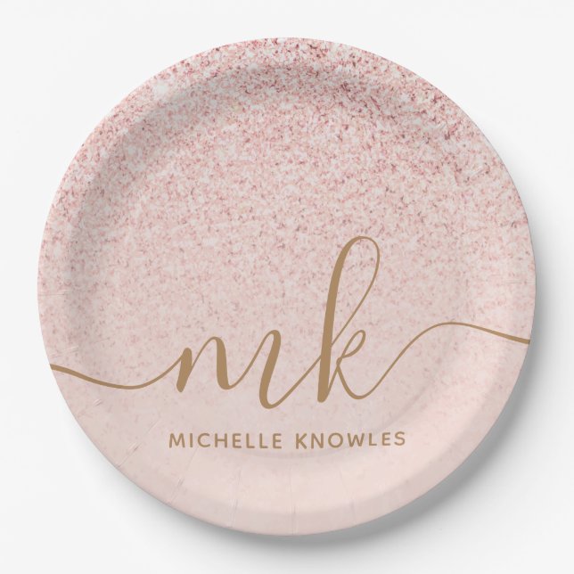 Trendy Rose Gold Glitter Fancy Initials and Name Paper Plate (Front)
